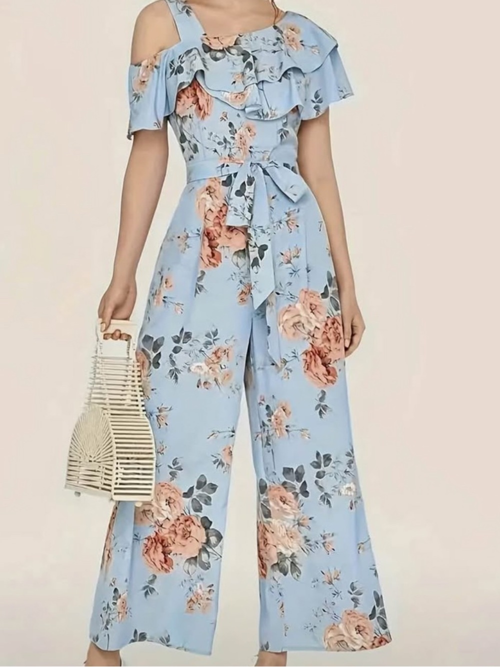 Light Blue Floral Cold-Shoulder Wide-Leg Jumpsuit
